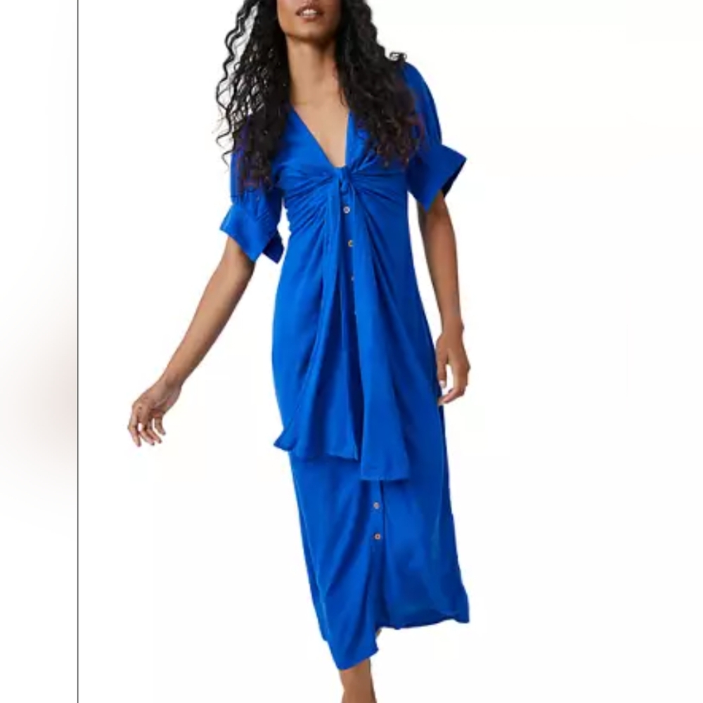 Vibrant Blue Maxi Dress with Front Twist and Buttons